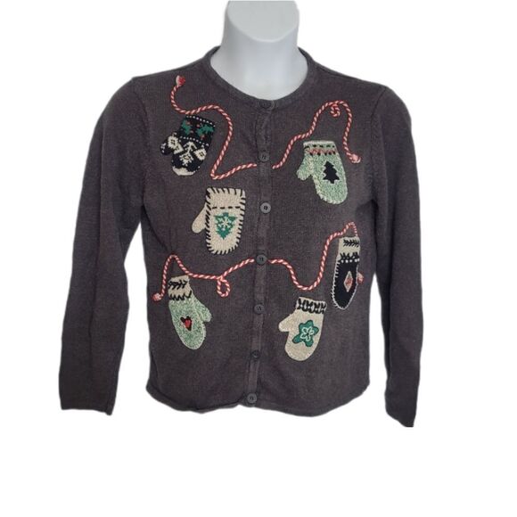 CARROLL REED mitten applique button up‎ gray holiday cardigan sweater M - Picture 1 of 8